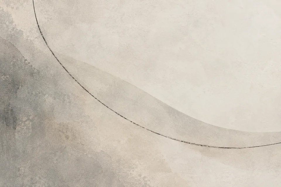 A single graphite arc crosses a translucent sweep of warm grey.