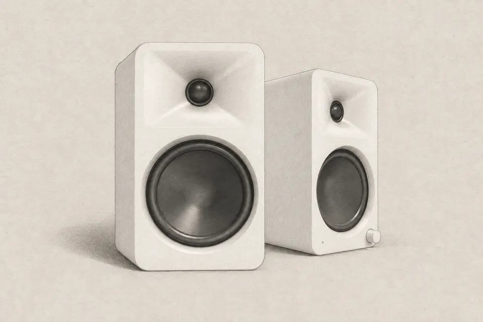 Graphite and wash illustration of a pair of white Kanto ORA4 desktop speakers.