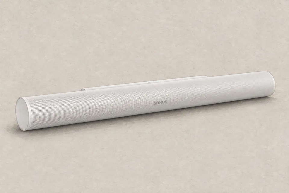 Paper-textured illustration of a white Sonos Arc Ultra soundbar.