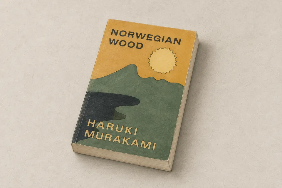 Illustration of Norwegian Wood with a muted ochre and green cover, based on a publisher edition.