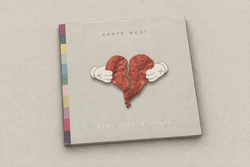 Paper-textured illustration of the 808s and Heartbreak album sleeve and its broken-heart cover.