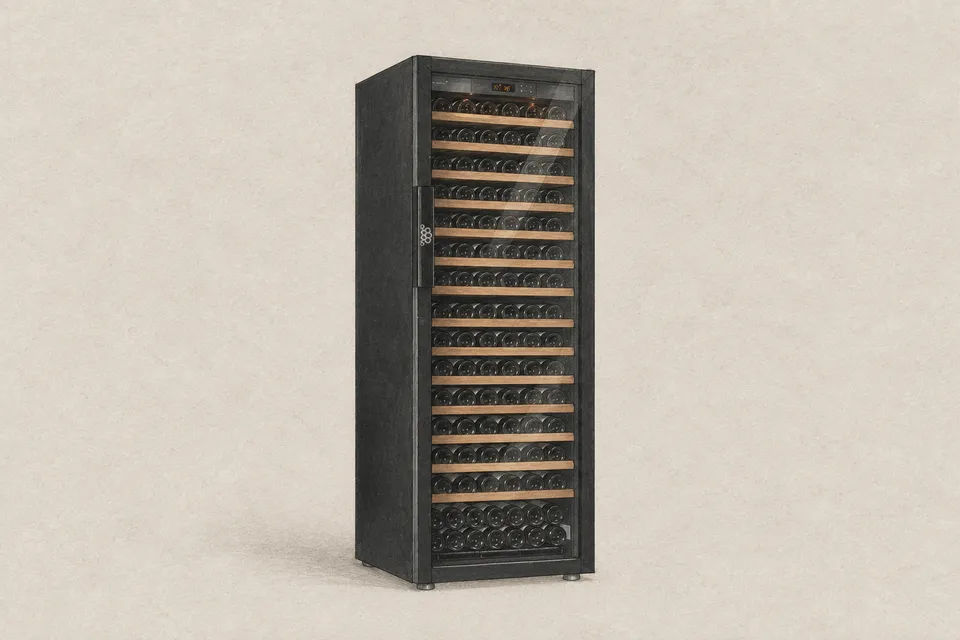 Graphite and wash illustration of a tall EuroCave Pure L wine cabinet with a full glass door.