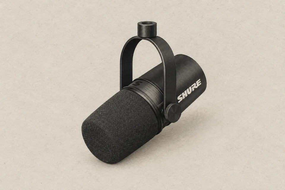 Graphite illustration of a black Shure MV7X microphone with its foam windscreen and yoke mount.