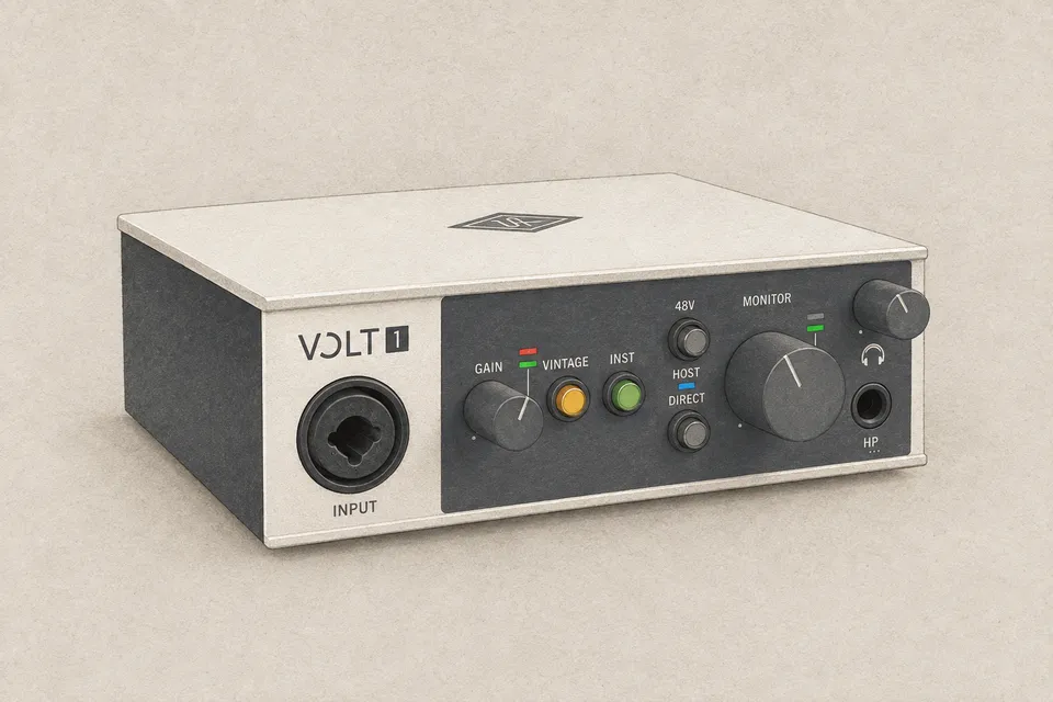 Warm-grey paper illustration of a silver and charcoal Universal Audio Volt 1 audio interface.