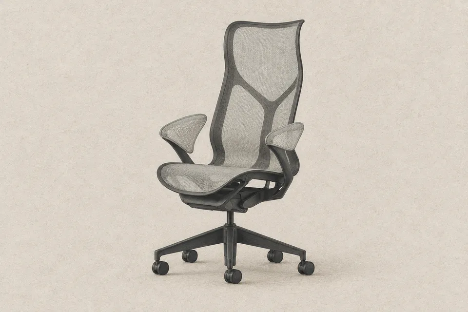 Illustration of a Herman Miller Cosm High Back chair with a dark Graphite frame, light Mineral mesh and Leaf Arms.