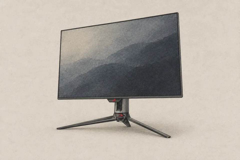 Paper-textured illustration of the ASUS ROG PG32UCDM monitor on its angular black stand, showing a muted abstract image.