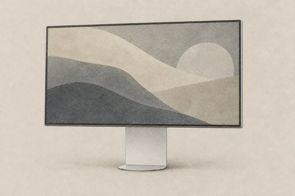 Graphite and wash illustration of the LG UltraFine evo 32U990A-S 6K monitor with its broad silver stand.