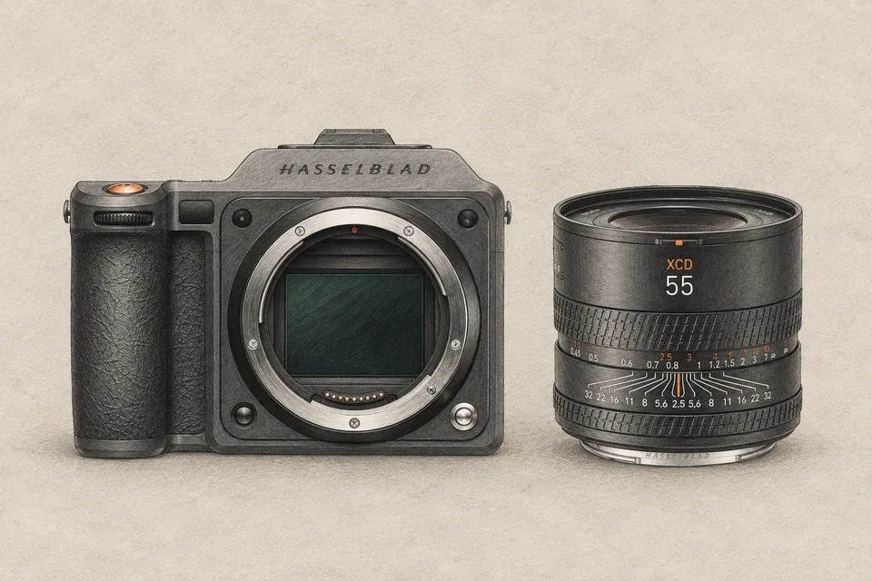 Graphite and wash illustration of a Hasselblad X2D II 100C camera beside an XCD 55V lens.